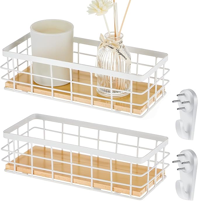 Funrous 2 Pcs Metal Small Wire Basket Wall Hanging Wire Basket Hang Small Bathroom Kitchen Storage Organizer Toilet Paper Mesh Storage Bin Shelf Rack with Base(White,9.84 x 3.94 x 2.76 Inches)