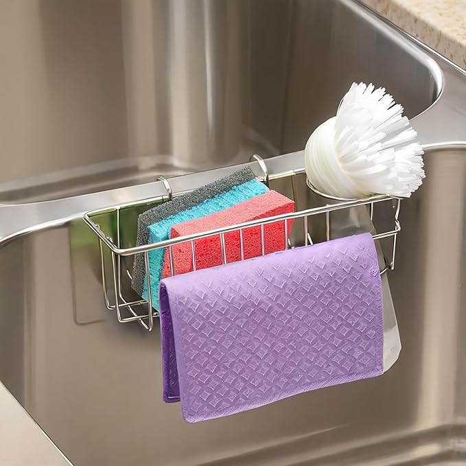 3-in-1 Sponge Holder for Kitchen Sink, Double Bowl Sinks Caddy, 304 Stainless Steel Hanging Sink Organizer & Accessories, Dish Cloth Drainer Basket Brush Soap Rack Silver