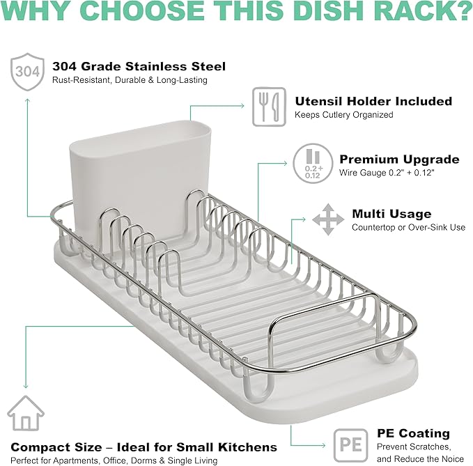 SunnyPoint 304 Stainless Steel NeverRust Compact Dish Drying Rack with Utensil Holder & Removable Drain Tray, Rustproof Small Dish Rack for Kitchen Countertop or Over Sink (Metallic Silver, Compact)