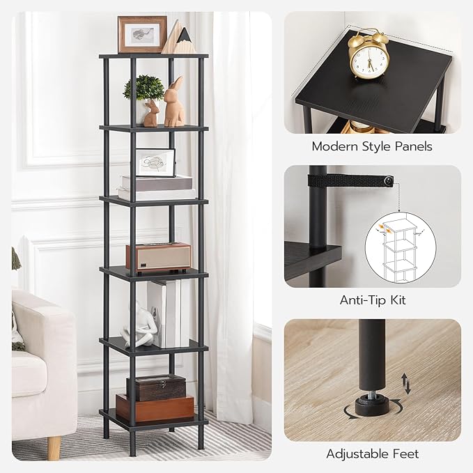 HOOBRO 6-Tier Corner Shelf, Corner Square Rack Display Shelf, Tall Storage Rack Plant Stand, Bookcase for Small Spaces, Living Room, Home Office, Kitchen, Black BK55CJ01
