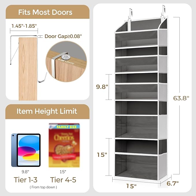5 Tiers Over Door Organizer with 10 Mesh Side Pockets, 44 lbs Weight Capacity Hanging Storage Organizer with Clear Window Kids Toys, Shoes, Diapers, Dark Gray