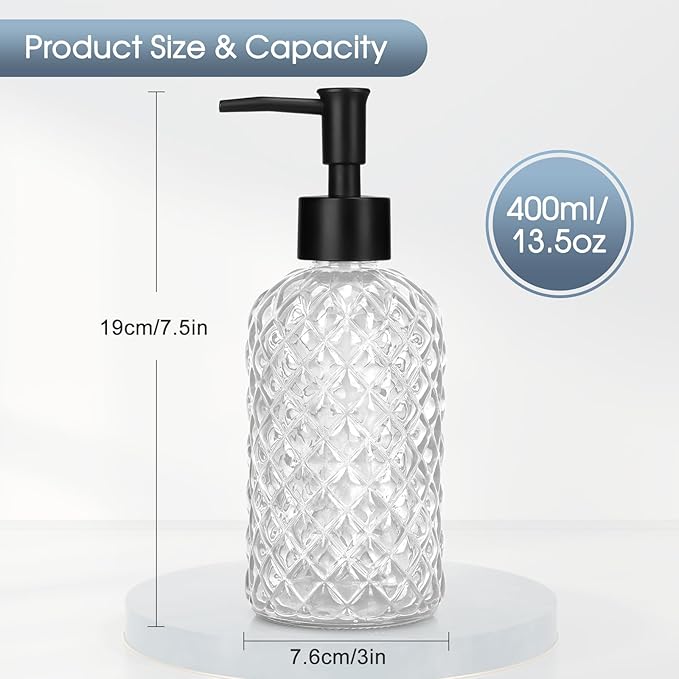 2 Pack Gem Glass Soap Dispenser with Black Plastic Pump, 13oz Liquid Hand Soap Dispenser, Rustproof Pump for Kitchen & Bathroom, Great for Lotions, Essential Oil, Liquid Soaps-Clear