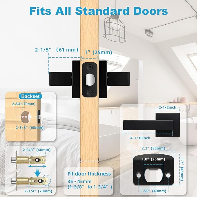 Estmoon 4 Pack Passage Door Knobs - Black Door Handle Interior Door Levers, Heavy Duty Non-Locking Locksets Hall Closet Handles, Reversible for Right & Left Sided Doors