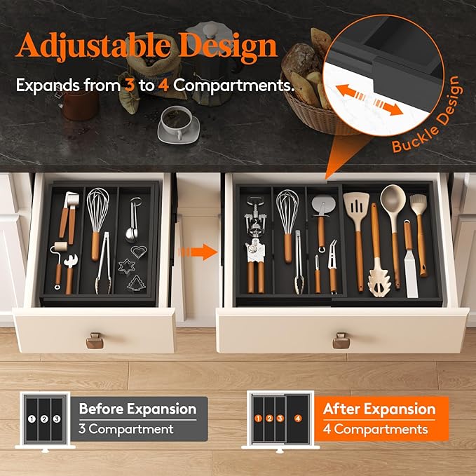 Lifewit Utensil Organizer for Kitchen Drawer, Expandable Cooking Utensil Tray, Cutlery Silverware Flatware Holder, Wood Adjustable Spatula Tools Storage Divider, 30-55 x 40cm, Black