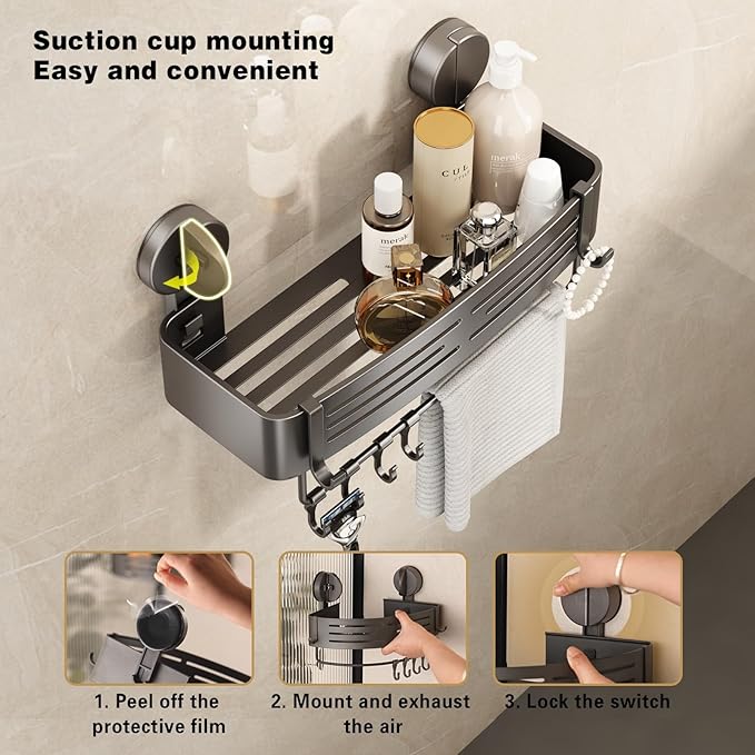 VOLPONE Corner Shower Caddy Suction Cup Shower Shelf Corner No Drilling Bathroom Shower Organizer Storage Rack Adhesive with Towel Bar Hooks(1-Pack, Gray)