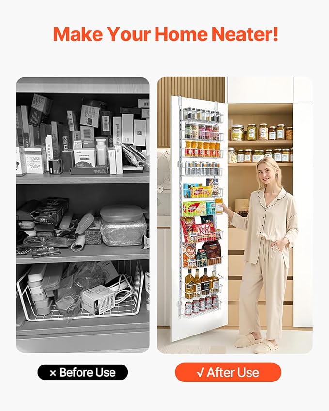 VEVOR Over the Door Pantry Organizer, 10-Tier Pantry Organization and Storage, Heavy-Duty Steel Hanging Spice Rack, Adjustable Wall Seasoning Shelves, for Home Kitchen Laundry Room Bathroom, White