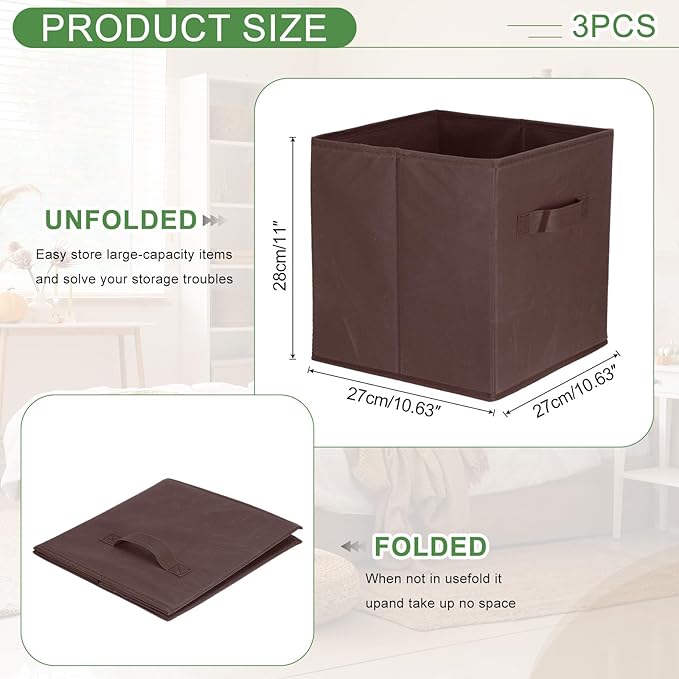 uxcell 3Pcs Fabric Storage Bins, 11 Inch Cube Storage Bin Foldable Storage Cube Organizer Bins with Handles for Shelf Closet, Nursery Home, Bedroom(Coffee)