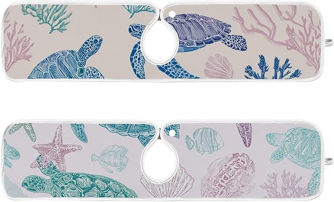 Sink Faucet Absorbing Mat Kitchen Sink Splash Guard Splash Faucet Drip Catcher for Bar RV Bathroom 2PCS 14.9x5.5in Line Turtles Starfish and Coral