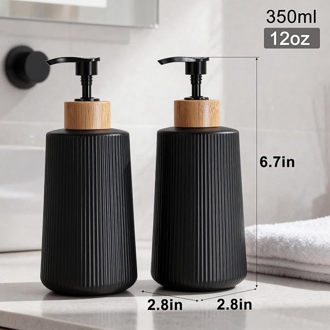 Glass Soap Dispenser, Thickened Glass Hand Soap Dispenser for Bathroom, Kitchen Dish Washing Liquid Bottles, Shampoo and Conditioner Bottles, Modern Farmhouse Style (Black, Set of 2, 12oz)