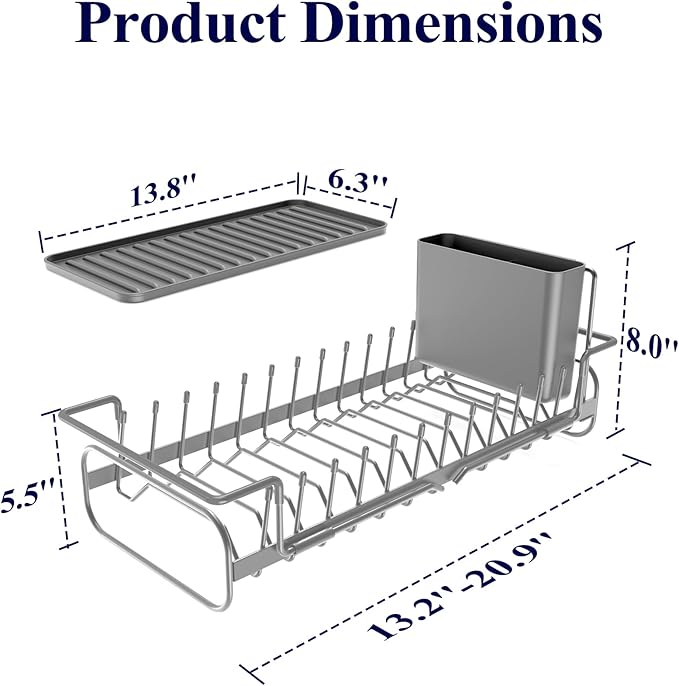 Kitsure Dish Drying Rack - Expandable Dish Rack for Kitchen Counter, Over Sink Or in Sink, Space-Saving Plates Dryer with Cutlery Holder & Drip Tray, 14.0"-20.9" L x 6.3" W x 8.0" H, Grey
