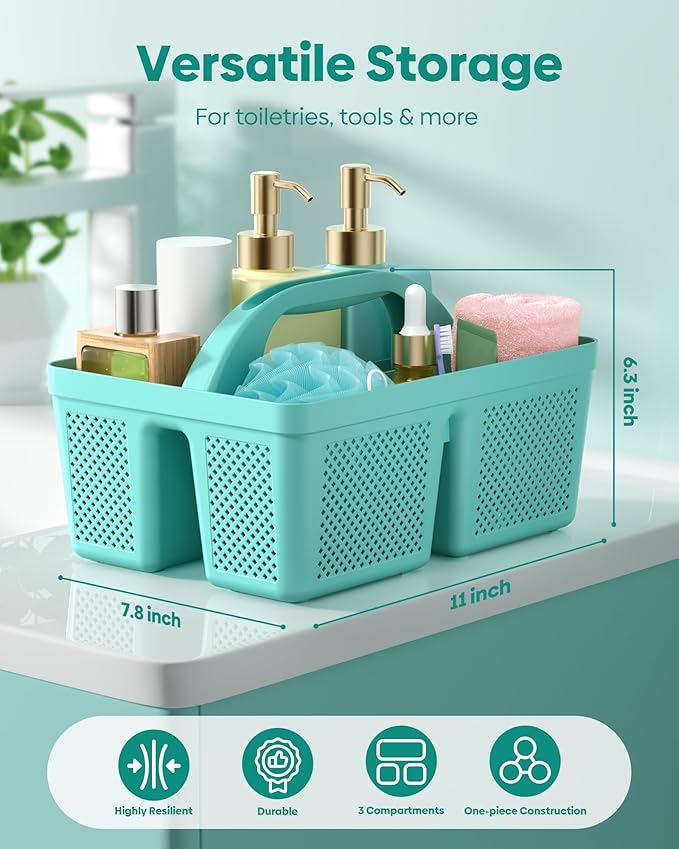 MLIKLU 4 Pack Portable Shower Caddy, Integrated Handle, Reinforced Plastic, Quick-Dry Ventilation Holes, Multi-purpose Storage Basket for Home, Dorm and Bathroom, Kitchen, Under Sink Storage, Cyan