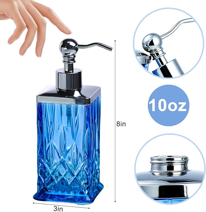 10Oz Blue Glass Soap Dispenser with Silver Pump,Lead-Free Thick-Cut Glass,Countertop Soap Dispensers for Bathroom & Kitchen,Square