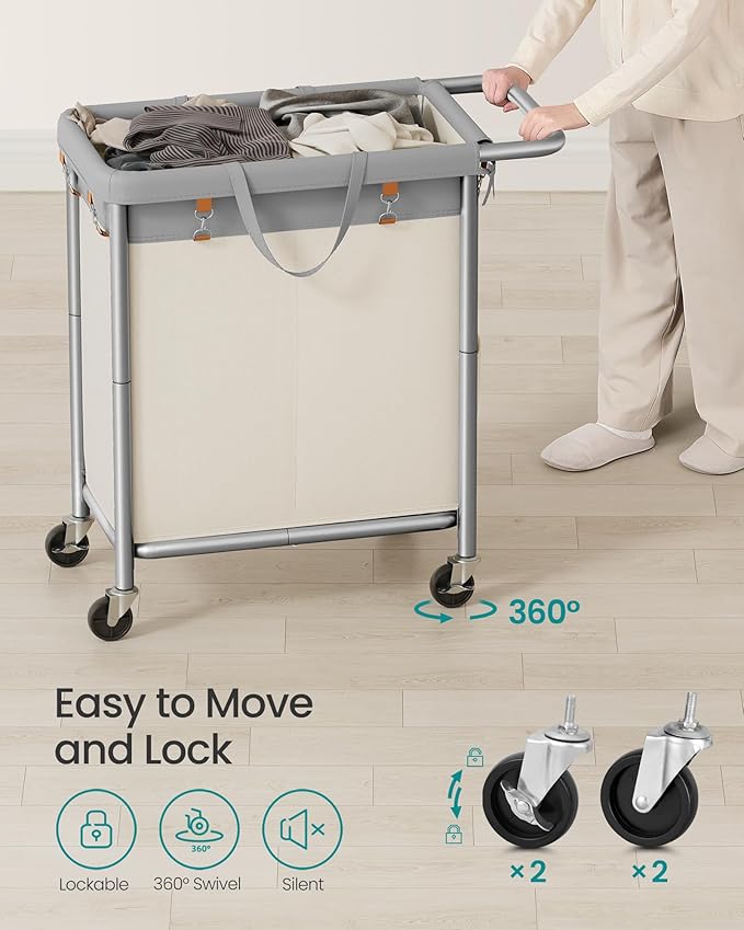 SONGMICS Laundry Basket with Wheels, 2-Section Rolling Laundry Hamper, 37 Gallons (140 L), Removable Liner, Steel Frame with Handle, 27.2 x 15.4 x 31.9 Inches, Dove Gray and Cream White URLS004GD02