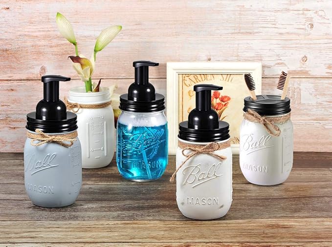 Mason Jar Bathroom Accessories Set(4pcs)- Jars Not Included - Foaming Soap Dispenser,Toothbrush Holder, and Apothecary Storage Jars Lids -Rustic Farmhouse Decor,Black