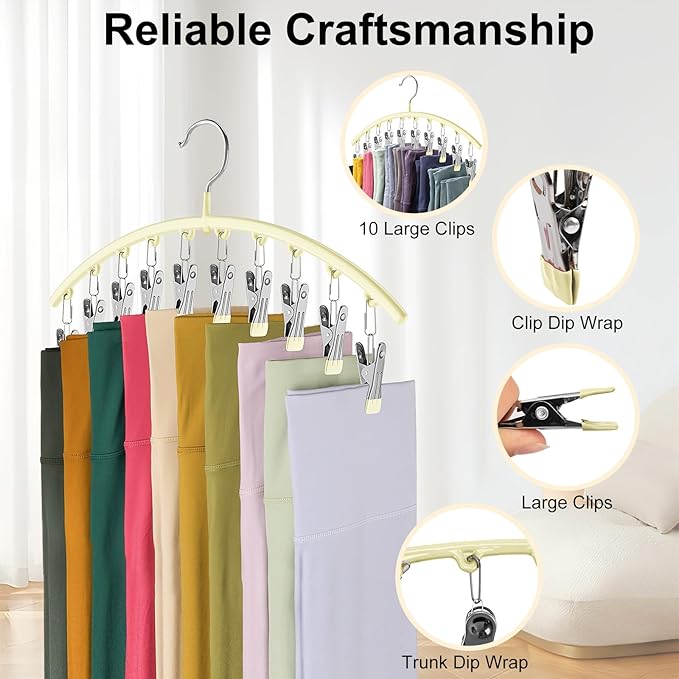 Legging Organizer for Closet, Metal Yoga Pants Hangers 4 Pack w/10 Clips Holds 40 Leggings, Space Saving Hanging Closet Organizer w/Rubber Coated Closet Organizers and Storage, Ivory