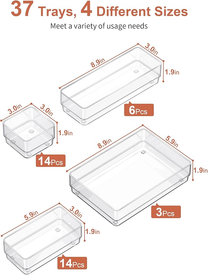 SMARTAKE 37-Piece Drawer Organizer with Non-Slip Silicone Pads, 4-Size Desk Drawer Organizer Trays Storage Tray for Makeup, Jewelries, Utensils in Bedroom Dresser, Office and Kitchen (Clear)