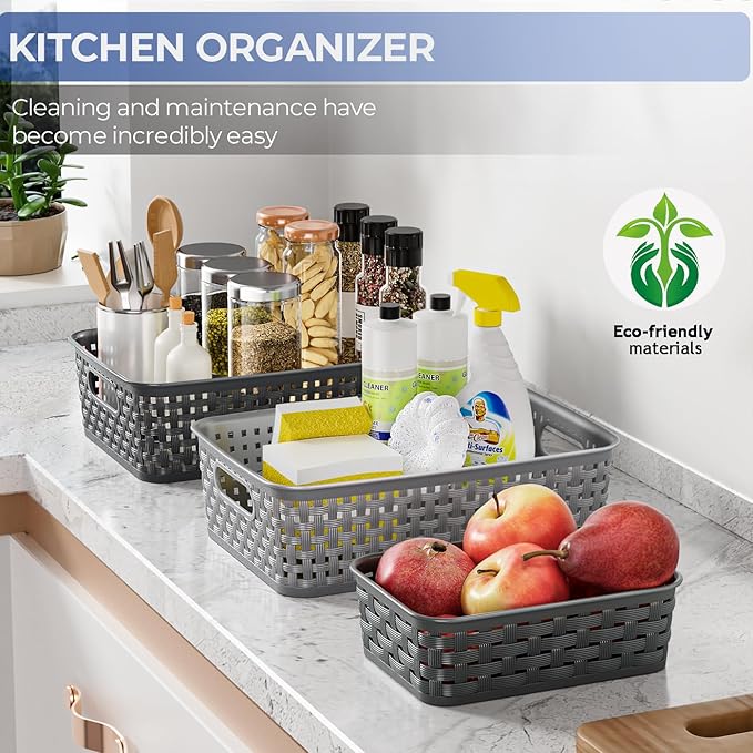 3 Pack Small Plastic Basket, Storage Bin Baskets for Organizing, Pantry Organizer Household Wicker Storage for Laundry Room, Bedrooms, Kitchens, Cabinets, Countertops, Dark Gray