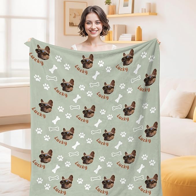 Custom Blanket with Funny Dog Face & Name Personalized Soft Warm Fleece Throw Blankets with Paw Bones Customized Throws for Couch Bed Sofa Unique Gifts for Dog Dad Mom Pet Lovers