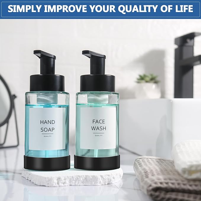 Foaming Soap Dispenser, 10 oz/300ml Foaming Hand Soap Dispenser, 2 Pack Glass Dispenser with 2 Non-Slip Silicone Bottom Sleeve, Refillable Foam Dispenser for Bathroom & Kitchen