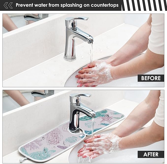 Sink Faucet Absorbing Mat Kitchen Sink Splash Guard Splash Faucet Drip Catcher for Bar RV Bathroom 2PCS 14.9x5.5in Line Turtles Starfish and Coral