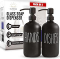 16 OZ Thick Black Glass Soap Dispenser, Matte Black Stainless Steel Pump 2 Pack, Hand and Dish Soap Dispenser Set for Bathroom with 6 Waterproof Labels