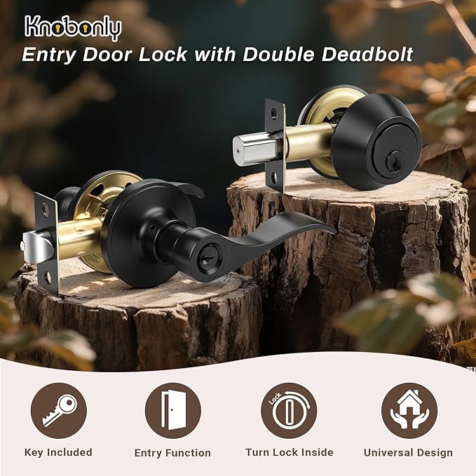Knobonly 1 Set Entry Door Lever and Deadbolt Lock Set, Deadbolts Keyed Both Sides, All Keyed Same, Wave Style Front and Exterior Door Handleset with Double Cylinder, Matte Black Finish