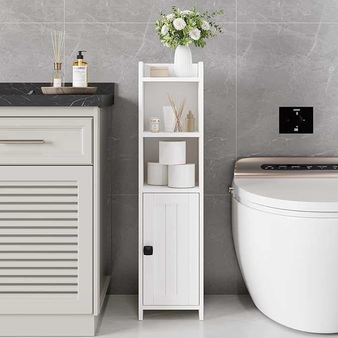 Small Bathroom Storage Cabinet Corner, Floor Cabinet with Adjustable Shelves, Freestanding Narrow Bathroom Toilet Paper Organizers for Small Spaces (White)