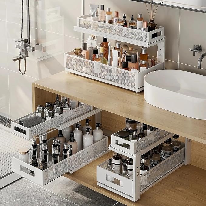 Corbyles 2 Pack 21.3IN-Depth Under Sink Organizer With Next-Gen Ball-Bearing Slides,2-Tier Pull Out Cabinet Storage,Height Adjustable Drawer Shelf for Bathroom,Kitchen,Laundry,Cabinet,Pantry-White