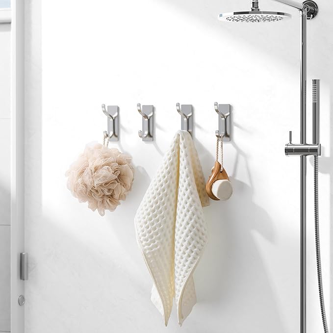 pickpiff Adhesive Wall Hooks for Hanging Towels - Heavy Duty Stick On Hooks, Strong Hold up to 13 lbs, Hangers for Coats, Bags, Purses, Ideal for Door, Closet, or Bathroom, Brushed Silver,4 Pack