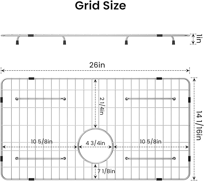 Stainless Steel Sink Grid and Protectors for Bottom of Kitchen Sink, 26" X 14 1/16" Sink Bottom Grid with Rear Drain for Single Sink Bowl (26" X 14 1/16")