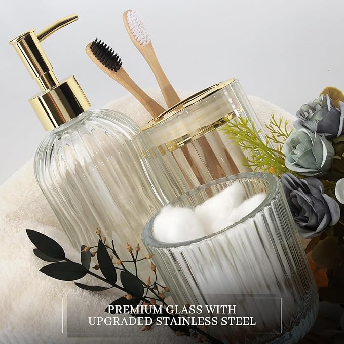 Designer Clear Glass Bathroom Accessories Sets - 4 Pcs with Lotion Soap Dispenser, Bathroom Toothbrush Holder, Vanity Tray, and Apothecary Jar, Vintage Bathroom Decor, Gift Countertop Organizer