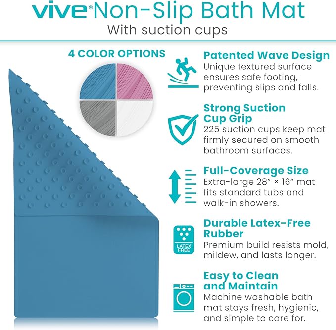 Vive Non-Slip Bath Mat with Suction Cups - 28" x 16" Extra Large Rubber Mat for Safety & Comfort - Patented Grip Prevents Slips and Falls for Kids, Elderly, Men, Women - XL Non Skid Shower & Tub Cover