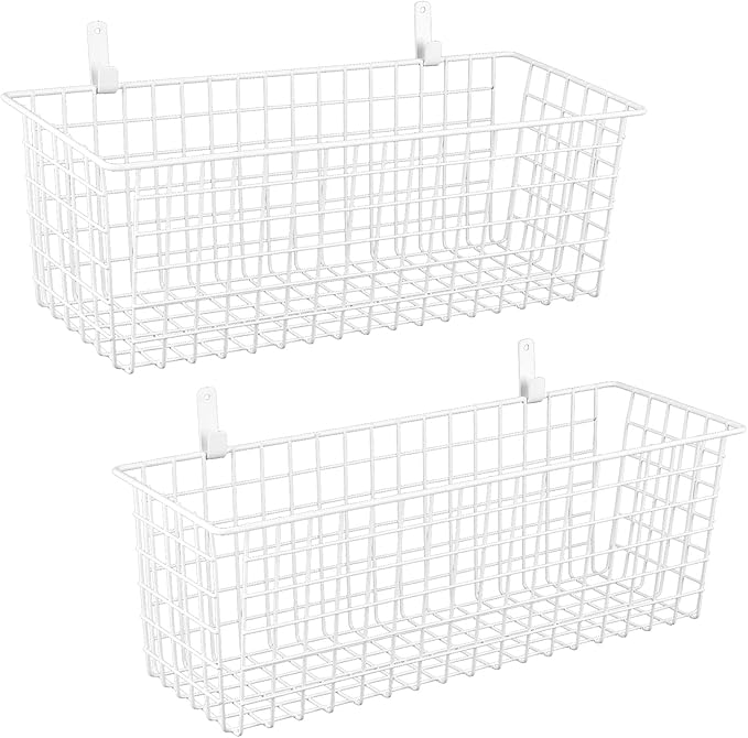 2 Sets Extra Large Hanging Wall Basket, White Metal Wire Baskets with Steel Hooks for Organizing, WallmountedFruit Vegetable Toy Snack Storage, Home Kitchen Bathroom Laundry Pantry Organizer