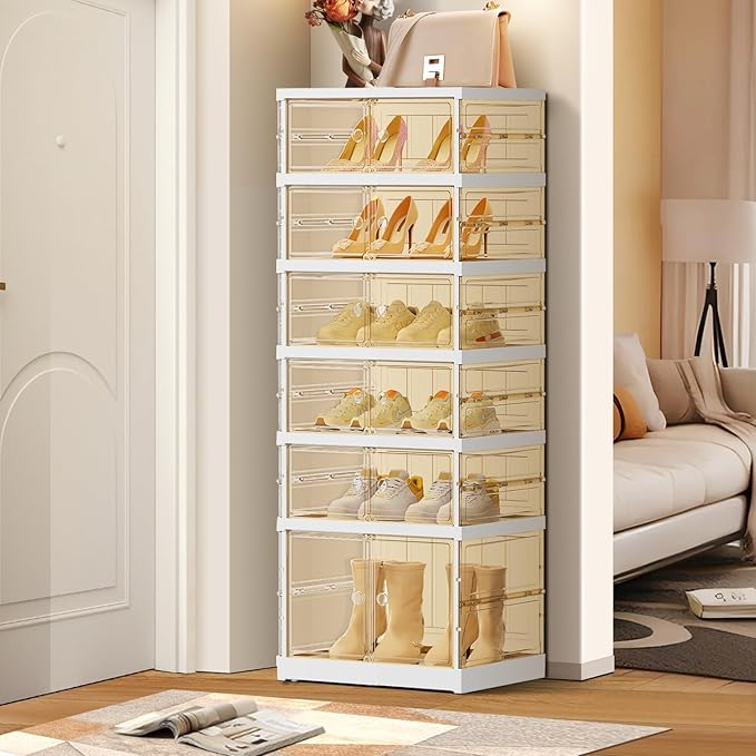 EHAMILY 6 Tiers 6-12 Pairs Foldable Shoe Boxes Large Plastic Shoe Storage Rack Collapsible Shoe Organizer for Closet Tall Shoe Shelf Clear Stackable Shoes Cabinet with Doors Entryway