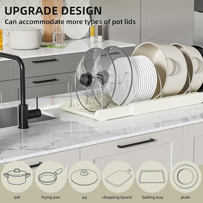 2 Pack Pots and Pans Organizer Under Cabinet - Expandable Pot Lid Holder with Adjustable Dividers, Baking Tray & Pan Storage Rack for Kitchen Cabinets