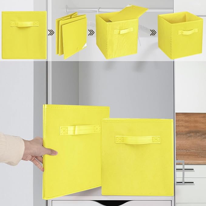 2 Pcs Storage Cubes, 10.5 Inch Collapsible Storage Bins, Fabric Foldable Bins for Organization, Durable Storage Bins for Closet, Shelves, Offices (Yellow)