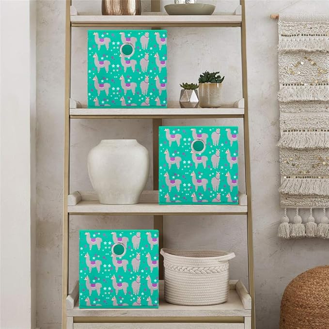 Fabric Strorage Cubes Box Basket Bins Foldable 10x10x10 Inch Lake Green Alpaca Pattern for Closet Organizer Inserts Drawers ,QY-SC16-3