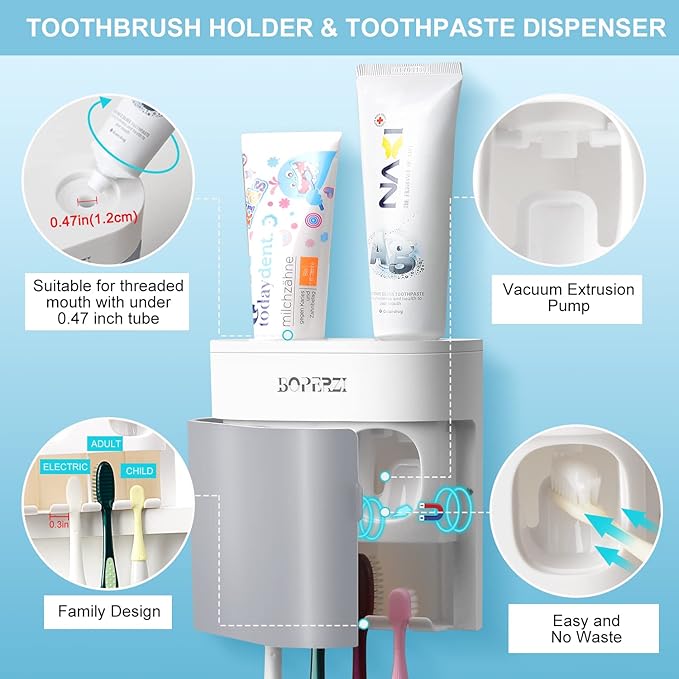 Boperzi Toothbrush Holder Wall Mounted Toothpaste Dispenser Gray Dustproof Cover for Shower Bathroom Set with 2 Toothpaste Squeezers (Not Electric)