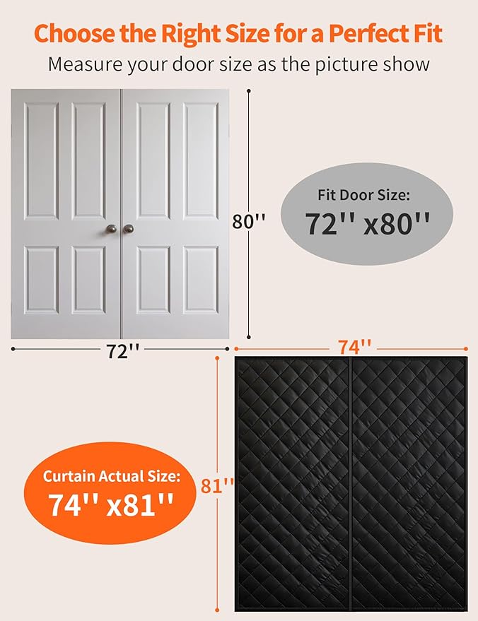Magnetic Thermal Insulated Door Curtain for 72"x 80" Doors, Heavy-Duty Oxford Fabric Door Cover for Heat Insulation, Magnetic Closure Blanket for Doorway to Keep Warm in Winter Cool in Summer