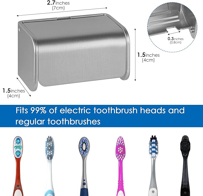 Toothbrush Holder Wall Mounted with Cover for Bathroom, 2 Slots Toothbrush Storage Organizer for Shower, Self Adhesive Toothbrush Hanger Rack for Dorm, Cabinet (Brushed Silver)