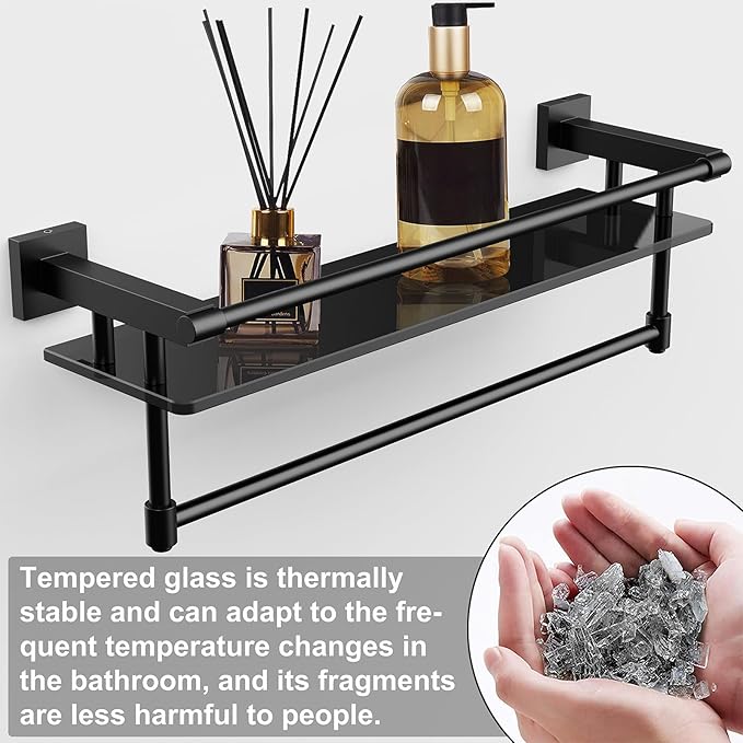 SFGSOWOR Glass Shelf for Bathroom 20 Inch Bathroom Shelves with Towel Bar Tempered Glass Shelves with Stainless Steel Towel Holder for Wall (All Matte Black)