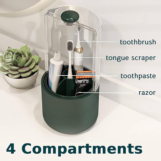 YOOLENS Toothbrush Holder with Cover 360 Rotating 4 Compartments Bathroom Toothpaste Electric Toothbrush Organizer, Dark Green