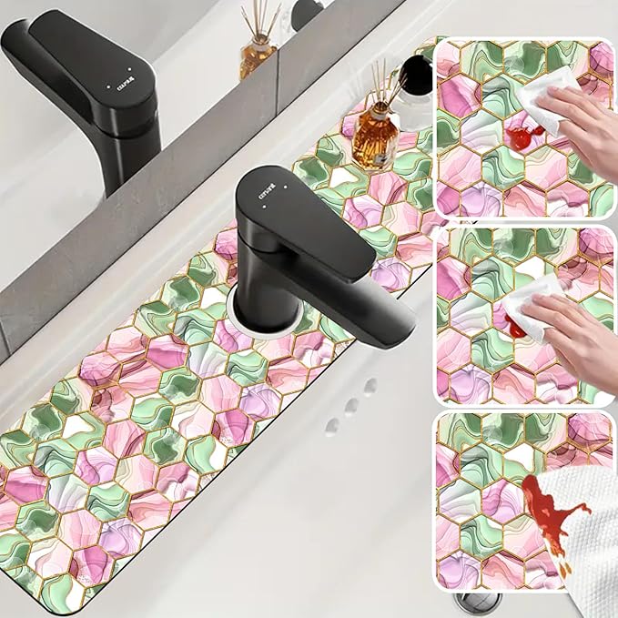Sink Splash Guard Faucet Mat Abstract Pink and Green Hexagon Texture Absorbent Fast Drying Mat Sink Gadgets Splash Guard Behind Faucet Drip Catcher for Kitchen Bathroom 23.5"X5.5"