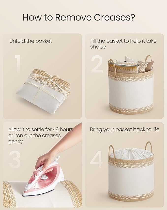 SONGMICS Laundry Hamper, Cotton Rope Laundry Basket with Handles, for Clothing, Living Room, Bedroom, 23.8 Gallons, 19.7 x 19.7 x 18.1 Inches, Cloud White and Camel Brown URLH090K01