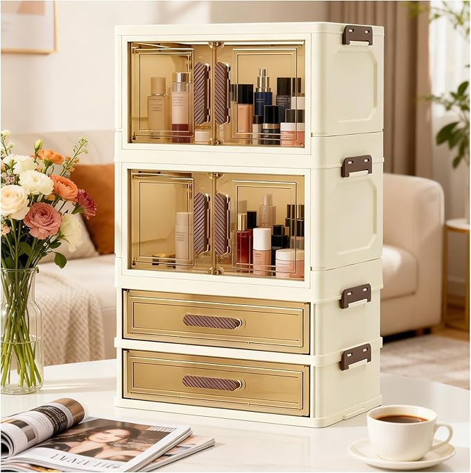 Makeup Organizer with Drawers & Compartments, Modular Stackable Cosmetic Skincare & Jewelry Storage Box, Vanity Organizer with Magnetic Closure for Bathroom, Office, Dorm