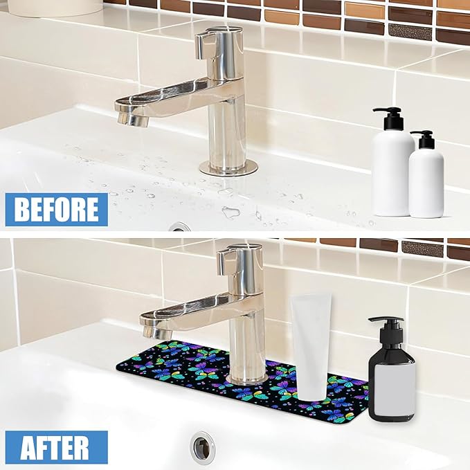 Sink Faucet Absorbing Mat Colourful Butterflies Sink Splash Guard Drying Mat for Kitchen Bathroom Faucet Sinkmat 15.5"X5.5"