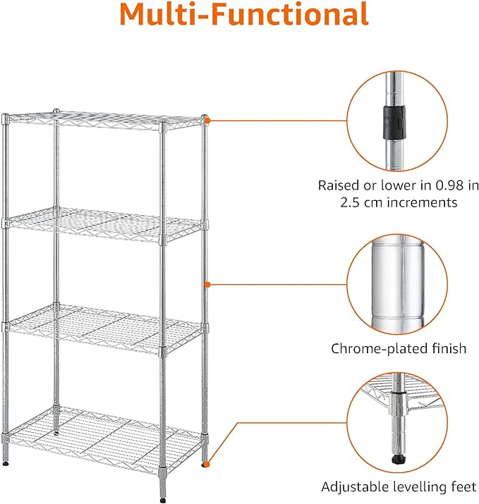 Amazon Basics 4-Shelf Adjustable Storage Shelving Unit for Garage, Steel Wire Rack, 200 Pound Loading Capacity per Shelf, 13.4"D x 23.2"W x 48"H, Chrome