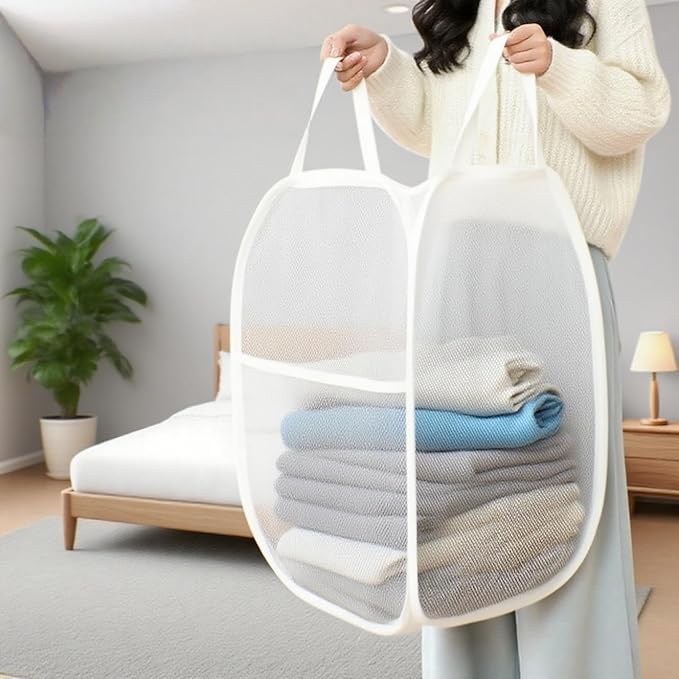 Mesh Laundry Hamper, Foldable Pop-Up Design, white (white, small)