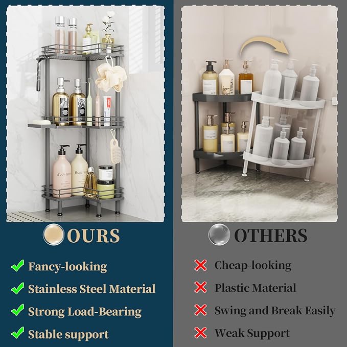 Consumest Corner Shower Caddy Standing - 3-Tier Stainless Steel Shower Organizer with Soap Holder and 4 Hooks, Large Capacity Corner Shelf Stand for Bathroom, Rest Room, Grey