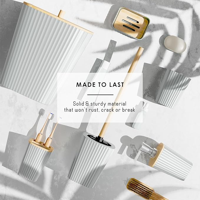 Clara Clark Bathroom Set - White Bathroom Accessories Set, 6PC Bathroom Accessory Set, Bathroom Sets with Bathroom Rugs, Adhesive Corner Shower Caddy Hanging, Toilet Brush, Trash Can & Soap Dispenser